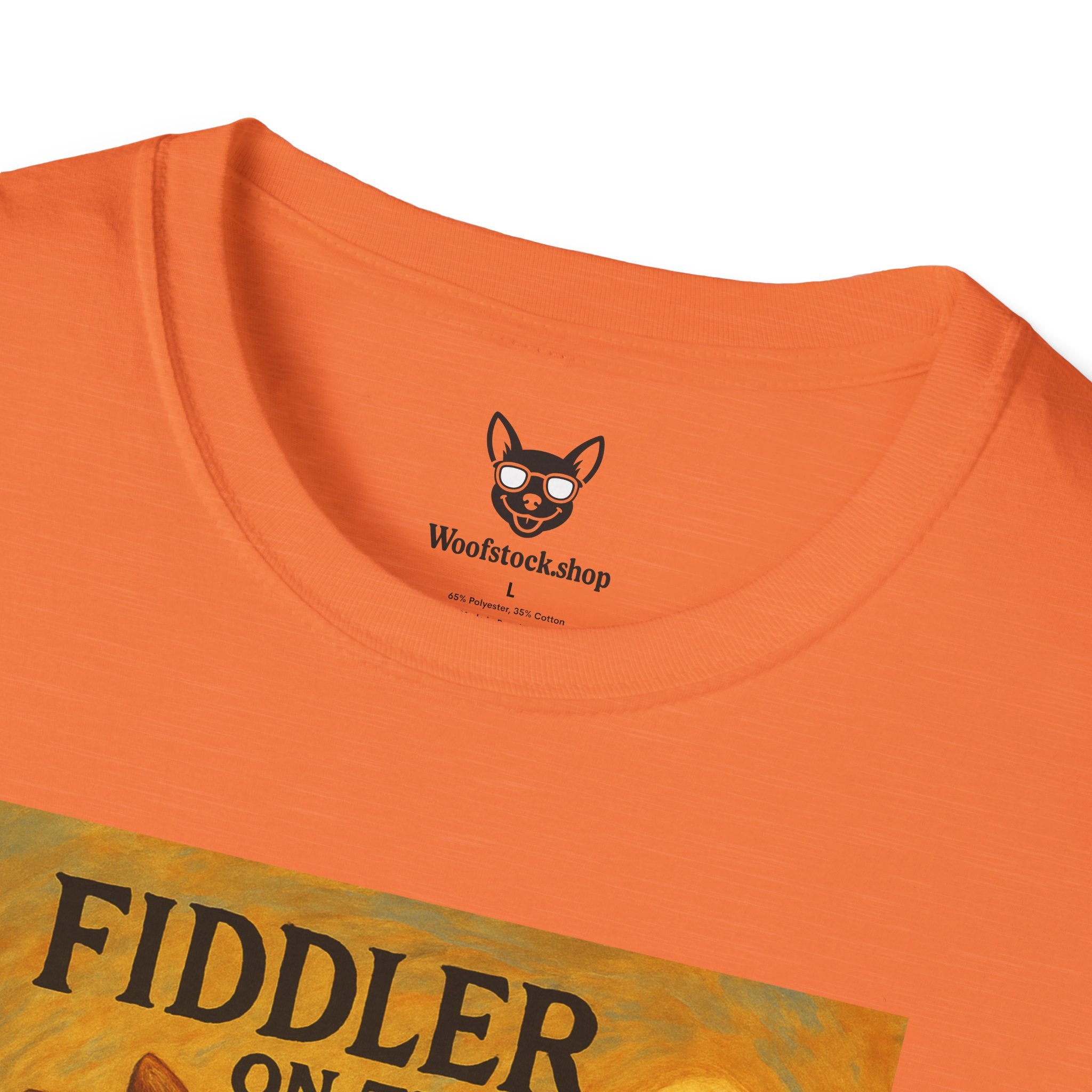 Fiddler on the Woof Broadway Poster Dog Parody Unisex Softstyle T-Shirt -- Funny Broadway Movie Tee for Theater and Dog Lovers